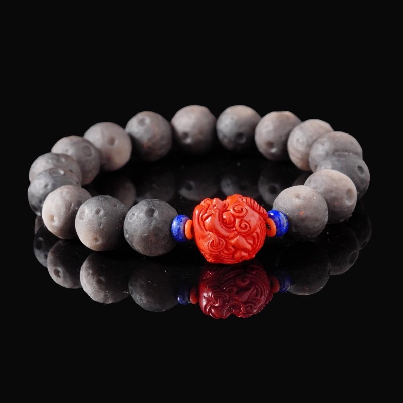 Buddha-Inspired Black Obsidian & Lava Rock Bracelet – Cinnabar Lion Strength & Protection
