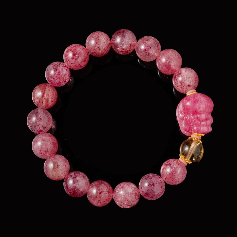 Buddha Stones Strawberry Quartz Bracelet with Pixiu Carving – For Luck, Wealth & Protectio