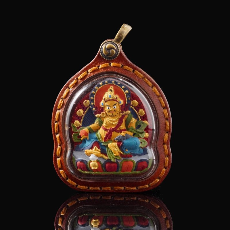 Tibetan 3D Thangka Pendant – Hand-Painted Yellow Jambhala Amulet for Wealth & Abundance