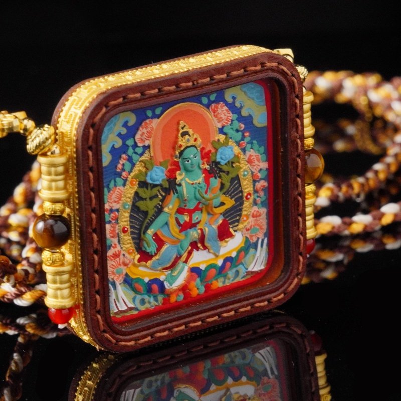 Tibetan Green Tara Thangka Necklace – Hand-Painted 3D Pendant for Protection & Compassion