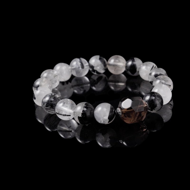 Black Rutilated Quartz & Smoky Quartz Bracelet – Natural Crystals for Strength, Focus & Confidence