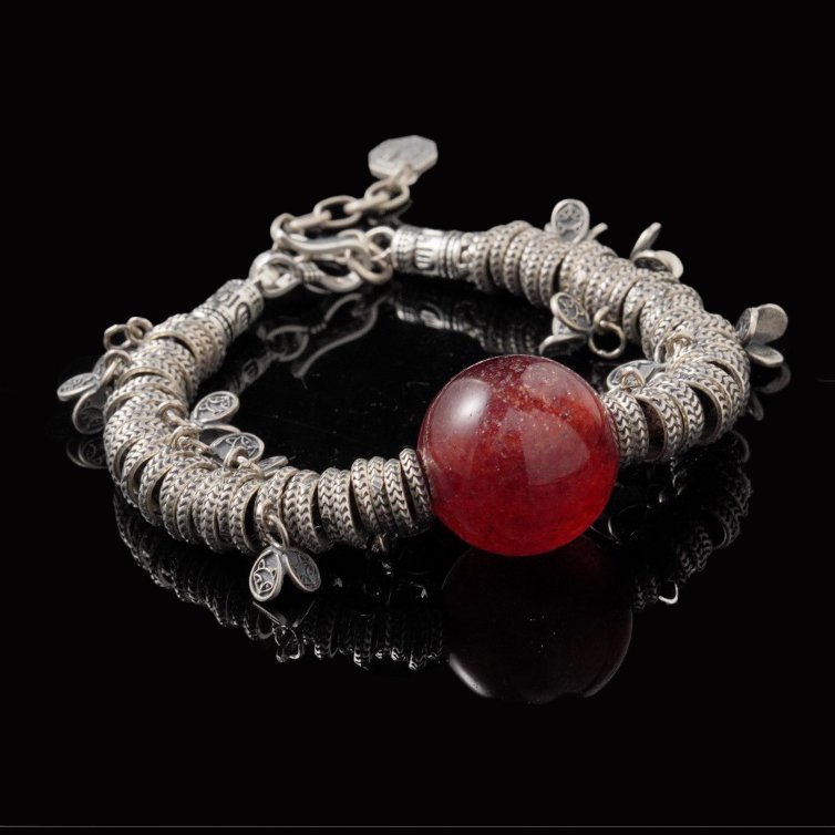 925 Sterling Silver Custom Bracelet – 20mm Strawberry Quartz Flower with Phoenix & Nine-Symbol Design