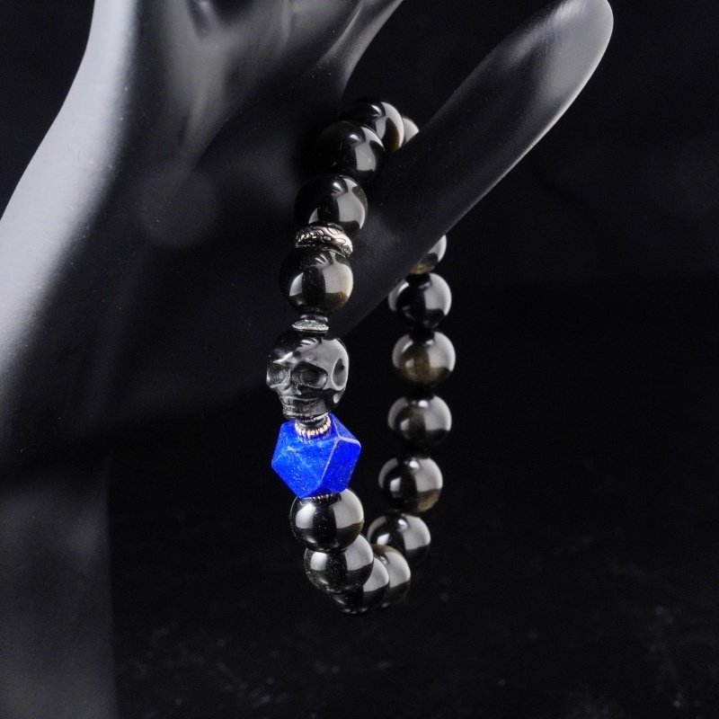 Skull Protection Bracelet with Gold Sheen Obsidian & Lapis Lazuli – Gothic Energy Jewelry for Men