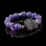 Buddha Stones Black Rutilated Quartz Fox Carving & Amethyst Bracelet – For Protection & Intuition