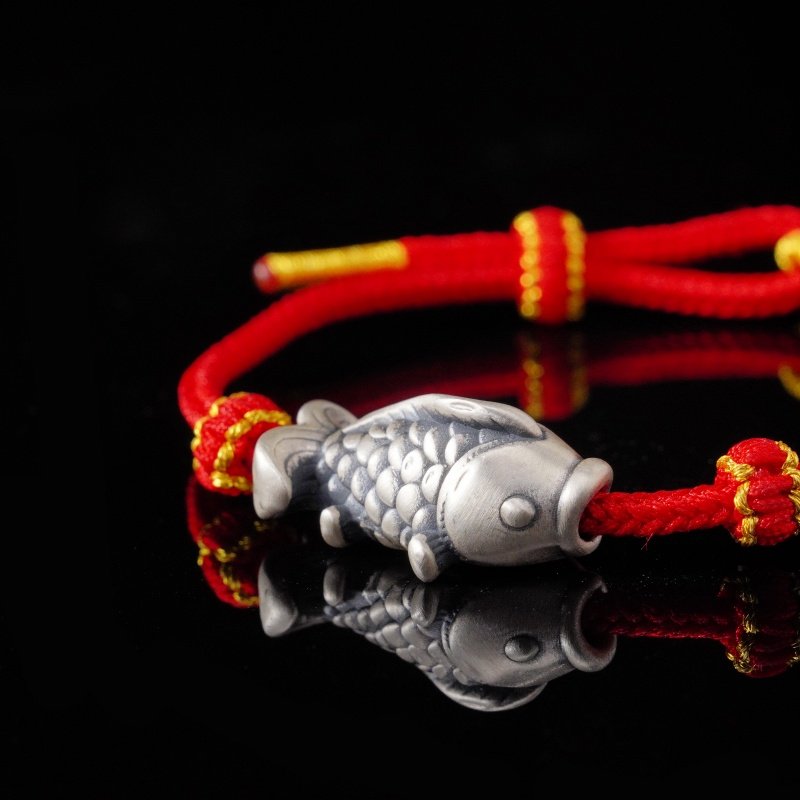 925 Sterling Silver Koi Fish Bracelet with Red String – Chinese Zodiac Snake Year Protection & Healing
