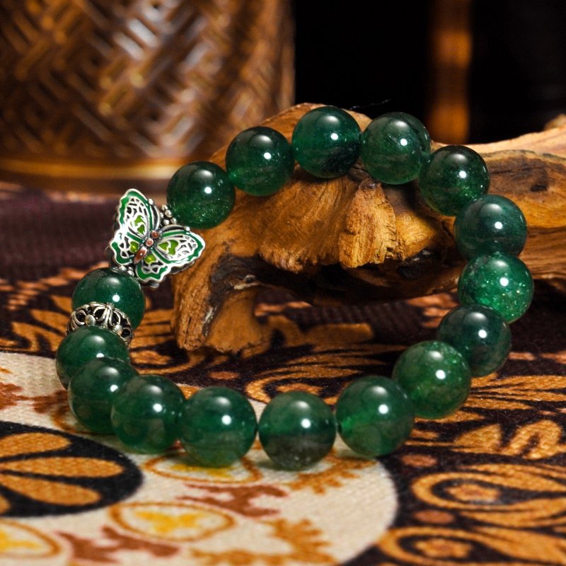 Green Strawberry Quartz Butterfly Bracelet – Buddha-Inspired with 925 Sterling Silver & Healing Crystals