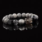 Buddha-Inspired Healing Bracelet – Smoky Quartz, Silver Sheen & Snowflake Obsidian for Energy Protection