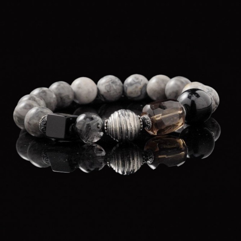 Buddha-Inspired Healing Bracelet – Smoky Quartz, Silver Sheen & Snowflake Obsidian for Energy Protection