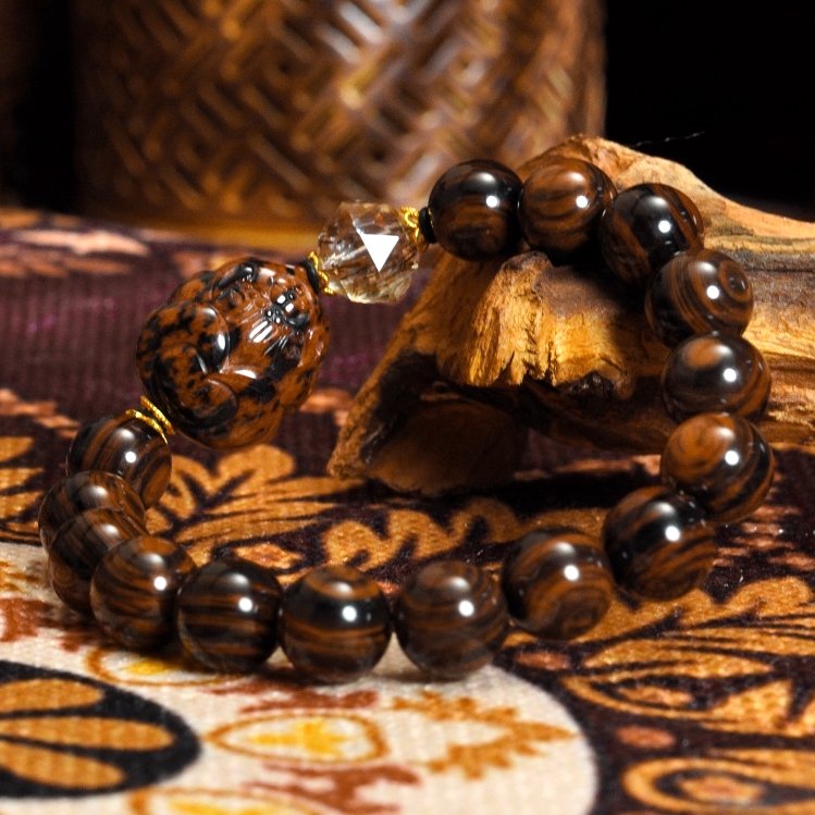 Handmade Gold Sheen Obsidian & Rutilated Quartz Bracelet – Natural Gemstones for Strength, Protection & Emotional Balance