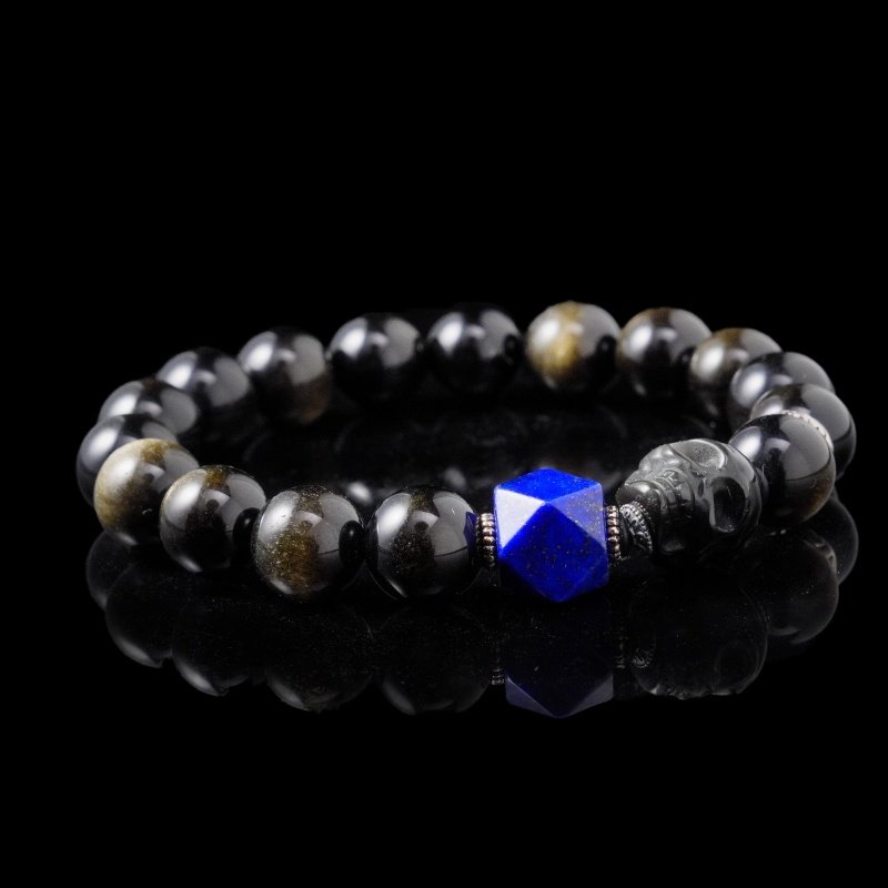 Skull Protection Bracelet with Gold Sheen Obsidian & Lapis Lazuli – Gothic Energy Jewelry for Men
