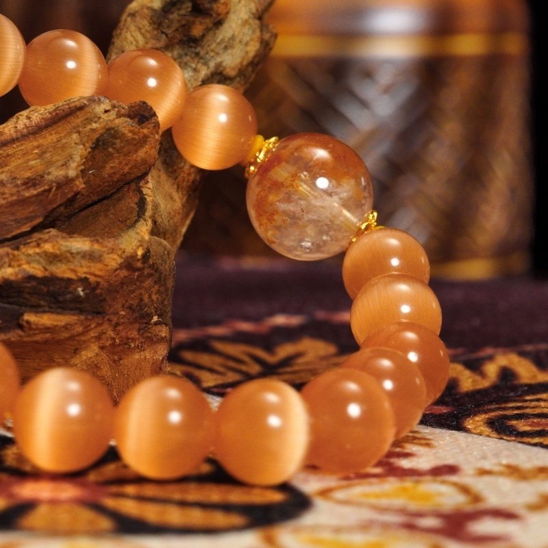 Buddha-Inspired Orange Moonstone & Rose Phantom Quartz Bracelet – Natural Crystals for Balance & Clarity