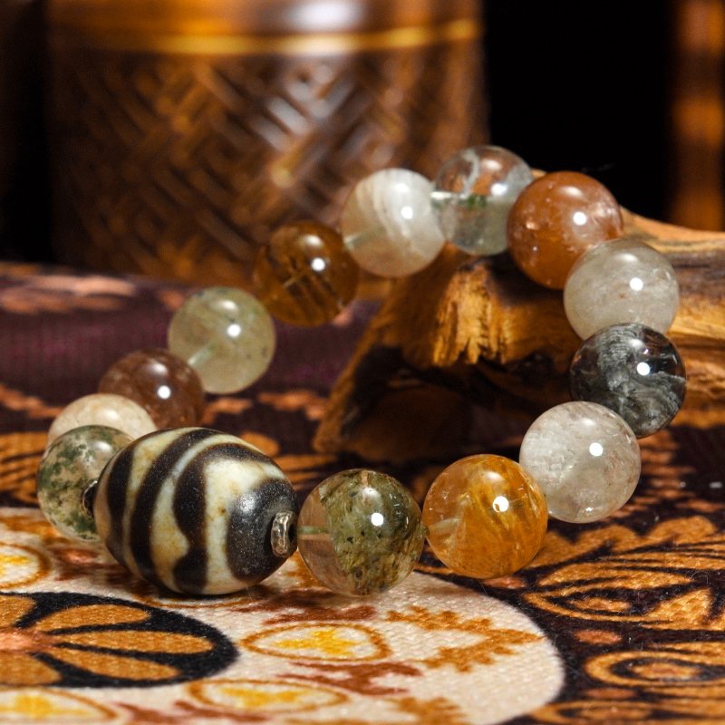 Buddha Stones Four Seasons Phantom Quartz & Tibetan Dzi Agate Bracelet – For Inner Wisdom, Cycles & Spiritual Protection