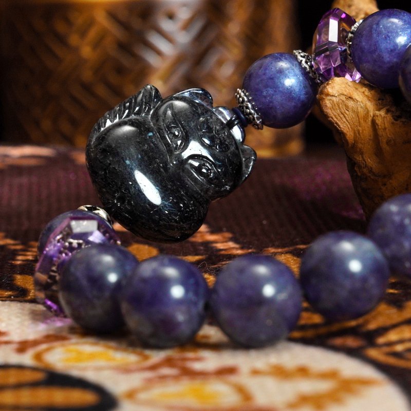 Buddha Stones Black Rutilated Quartz Fox Carving & Amethyst Bracelet – For Protection & Intuition