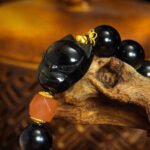 Buddha Stones Black Obsidian & Agate Quartz Bracelet – Nine-Tailed Fox Carving for Attraction & Protection