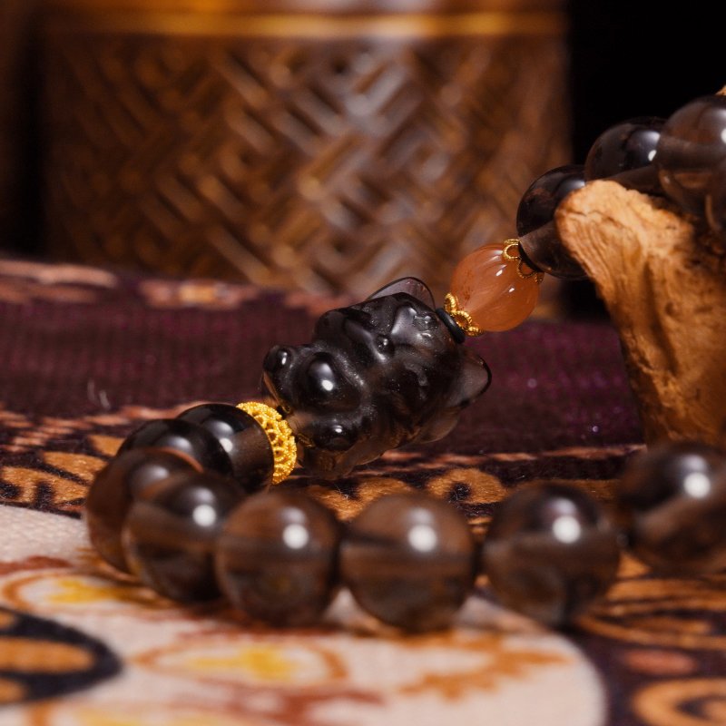 Buddha Stones Rose Quartz & Smoky Quartz Bracelet – Nine-Tailed Fox on Lotus Throne for Love & Inner Power