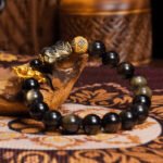 Buddha Stones Golden Sheen Obsidian Bracelet (10mm) – Lotus Throne Carving for Protection & Spiritual Power