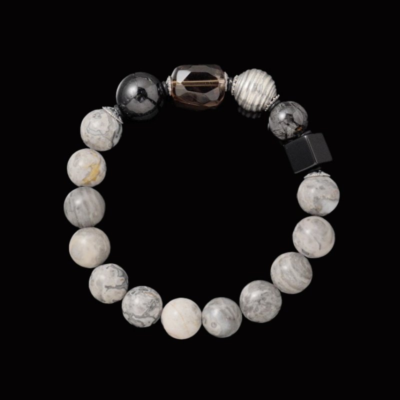 Buddha-Inspired Healing Bracelet – Smoky Quartz, Silver Sheen & Snowflake Obsidian for Energy Protection