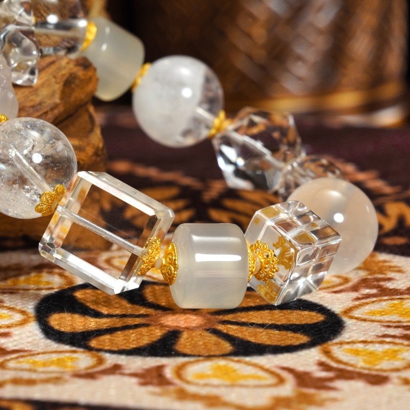 Buddha-Inspired White-Phantom Quartz Bracelet – Natural Brazilian Crystal for Clarity & Energy Healing