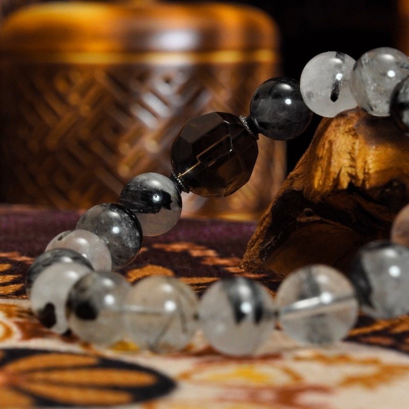 Black Rutilated Quartz & Smoky Quartz Bracelet – Natural Crystals for Strength, Focus & Confidence