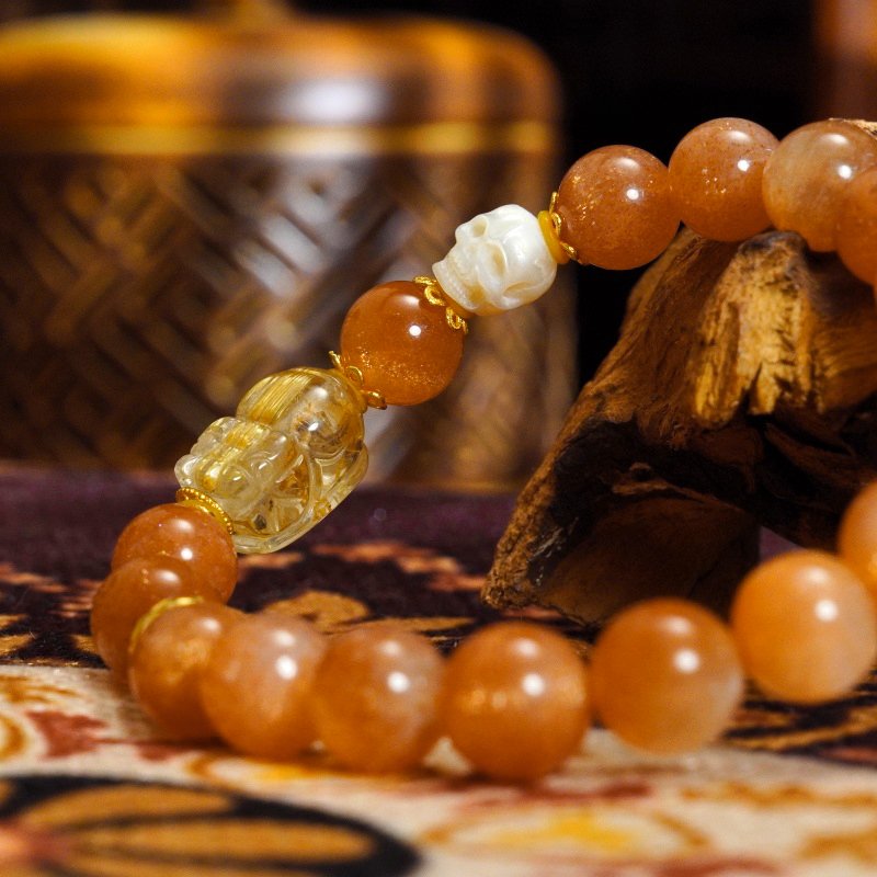 Buddha-Inspired Orange Moonstone & Golden Rutilated Quartz Bracelet – Natural Crystals for Confidence & Clarity