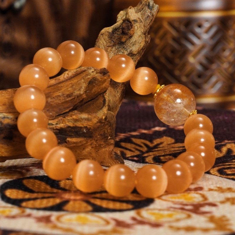 Buddha-Inspired Orange Moonstone & Rose Phantom Quartz Bracelet – Natural Crystals for Balance & Clarity