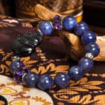 Buddha Stones Black Rutilated Quartz Fox Carving & Amethyst Bracelet – For Protection & Intuition