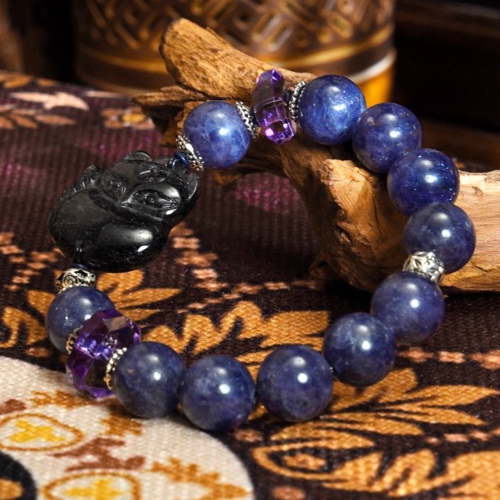 Buddha Stones Black Rutilated Quartz Fox Carving & Amethyst Bracelet – For Protection & Intuition