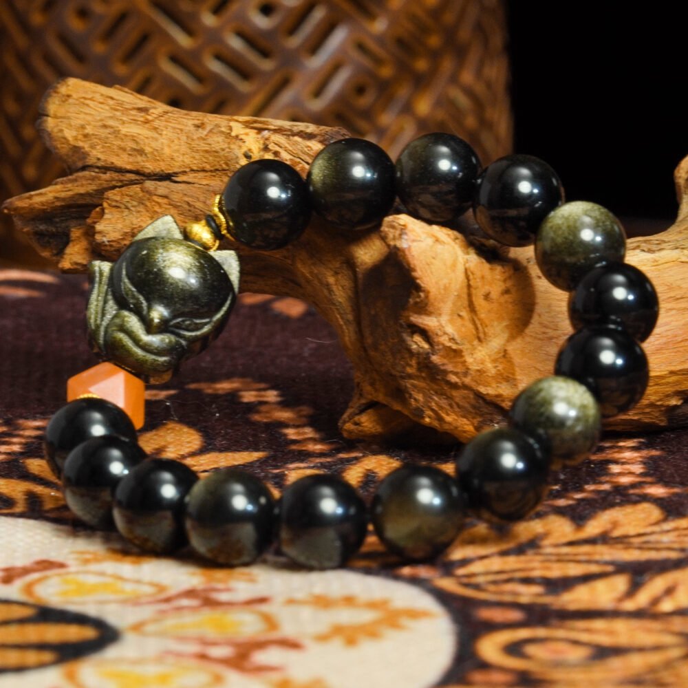 Buddha Stones Black Obsidian & Agate Quartz Bracelet – Nine-Tailed Fox Carving for Attraction & Protection
