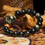 Buddha Stones Black Obsidian & Agate Quartz Bracelet – Nine-Tailed Fox Carving for Attraction & Protection