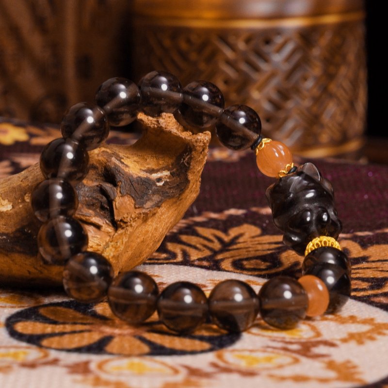 Buddha Stones Rose Quartz & Smoky Quartz Bracelet – Nine-Tailed Fox on Lotus Throne for Love & Inner Power