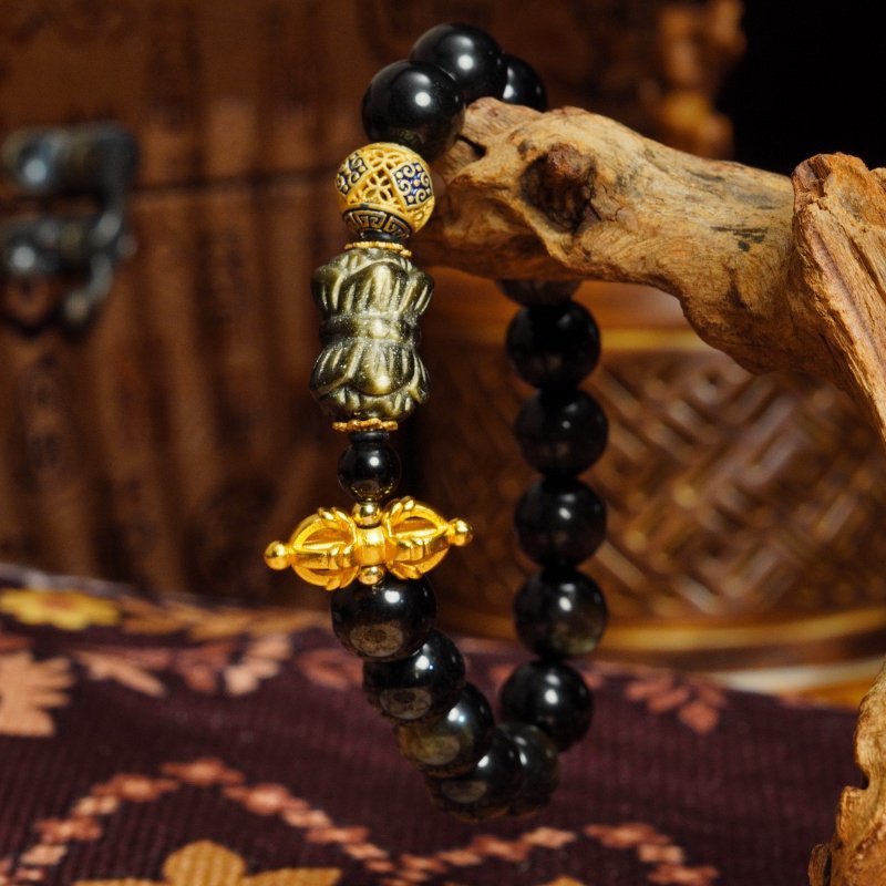 Buddha Stones Golden Sheen Obsidian Bracelet (10mm) – Lotus Throne Carving for Protection & Spiritual Power