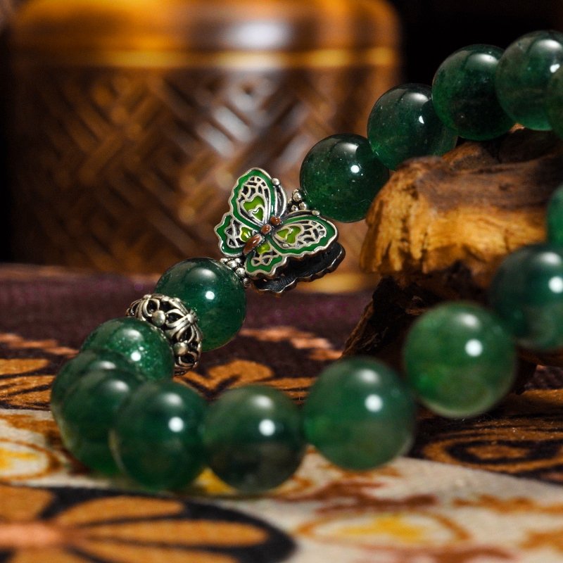 Green Strawberry Quartz Butterfly Bracelet – Buddha-Inspired with 925 Sterling Silver & Healing Crystals