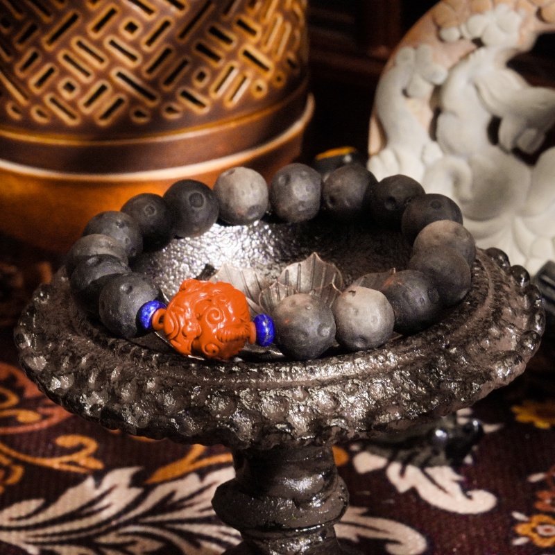 Buddha-Inspired Black Obsidian & Lava Rock Bracelet – Cinnabar Lion Strength & Protection