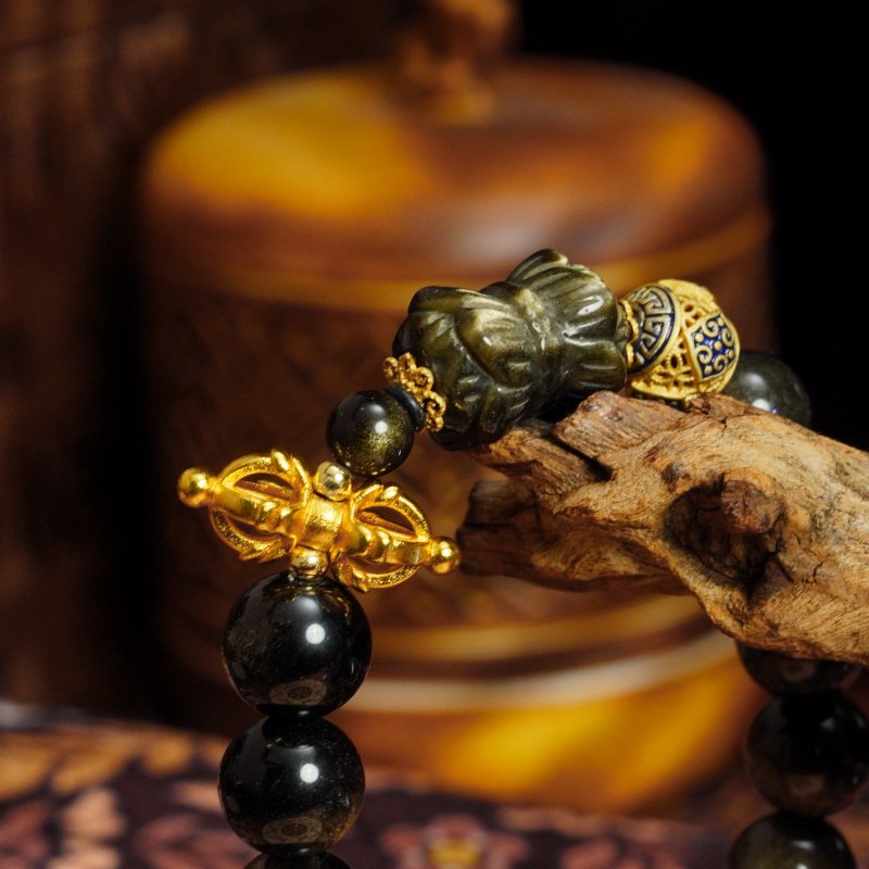 Buddha Stones Golden Sheen Obsidian Bracelet (10mm) – Lotus Throne Carving for Protection & Spiritual Power