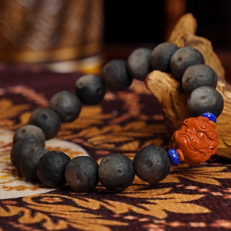 Buddha-Inspired Black Obsidian & Lava Rock Bracelet – Cinnabar Lion Strength & Protection