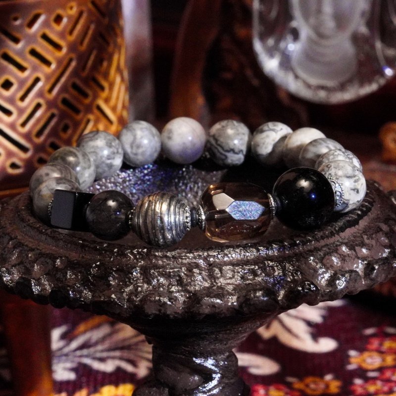 Buddha-Inspired Healing Bracelet – Smoky Quartz, Silver Sheen & Snowflake Obsidian for Energy Protection