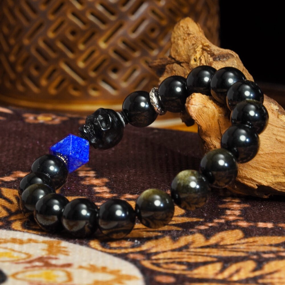 Skull Protection Bracelet with Gold Sheen Obsidian & Lapis Lazuli – Gothic Energy Jewelry for Men