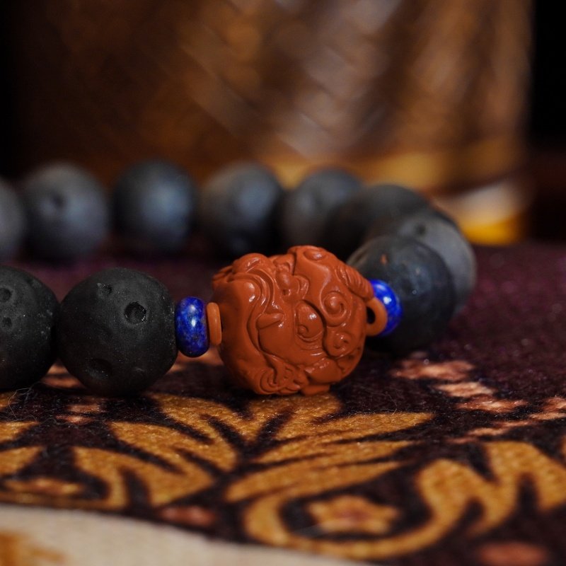 Buddha-Inspired Black Obsidian & Lava Rock Bracelet – Cinnabar Lion Strength & Protection