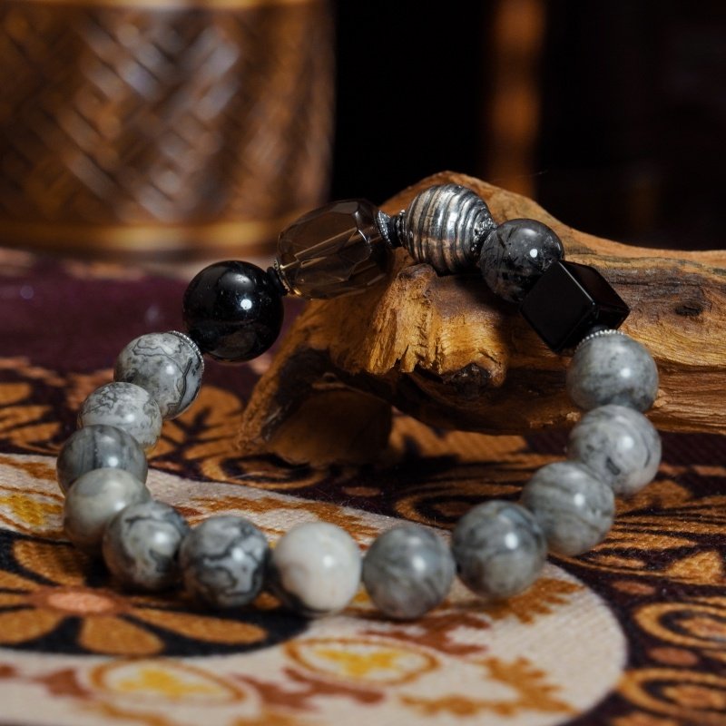Buddha-Inspired Healing Bracelet – Smoky Quartz, Silver Sheen & Snowflake Obsidian for Energy Protection