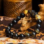 Buddha Stones Golden Sheen Obsidian Bracelet (10mm) – Lotus Throne Carving for Protection & Spiritual Power