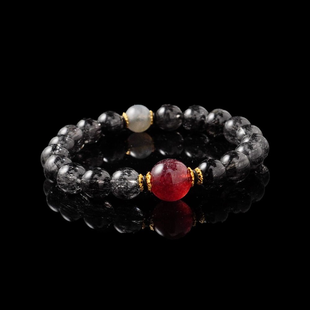 Groxiara High-Quality Black Rutilated Quartz & Strawberry Quartz Bracelet– For Protection & Heart Energy