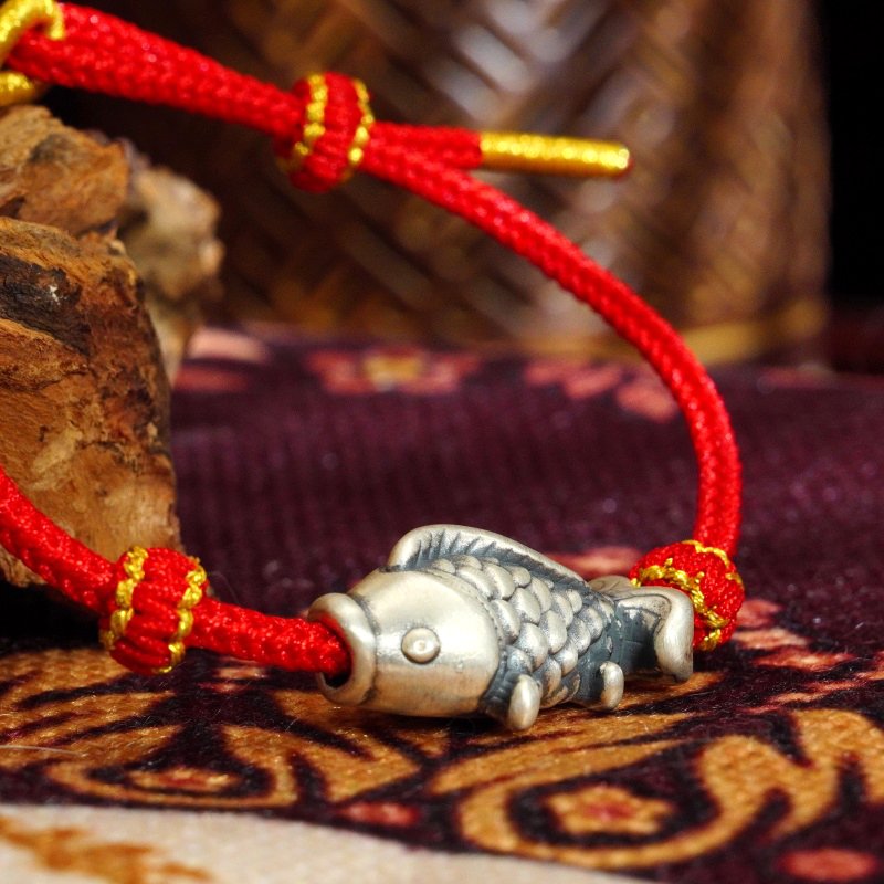 925 Sterling Silver Koi Fish Bracelet with Red String – Chinese Zodiac Snake Year Protection & Healing