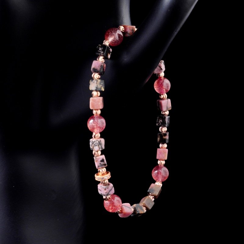 Groxiara Rhodonite & Hematite Cube Bracelet – For Emotional Healing & Feminine Strength
