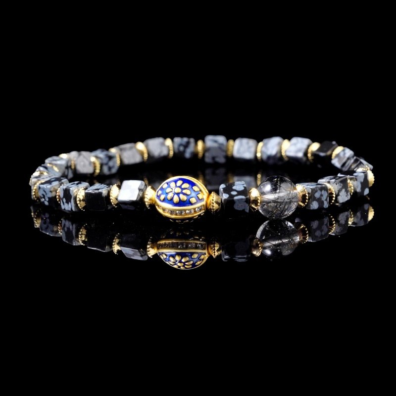 Groxiara Snowflake Obsidian & Black Rutilated Quartz Bracelet – Blue Enamel Gold Accent