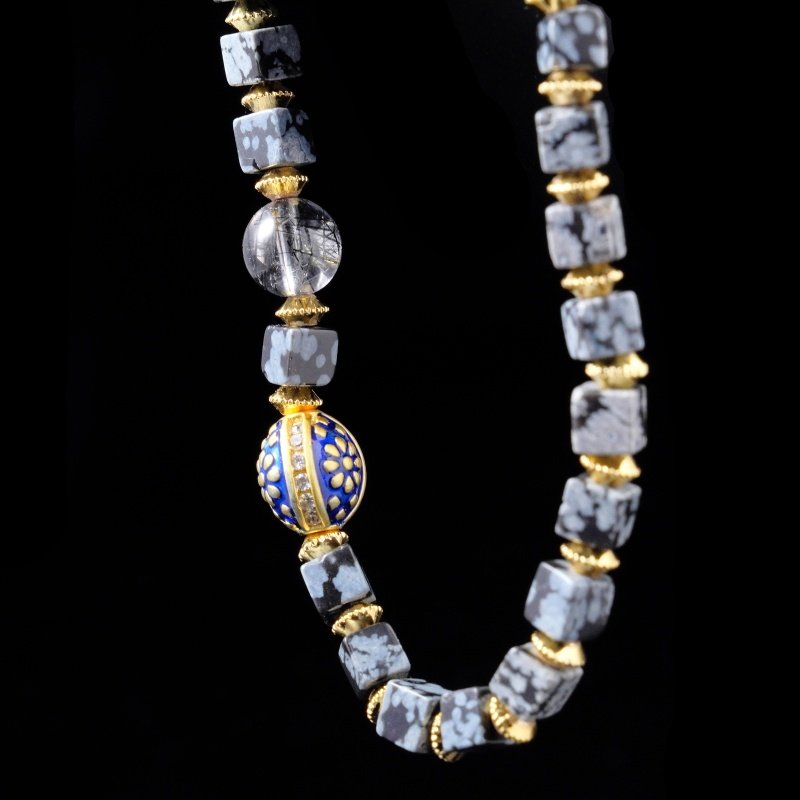 Groxiara Snowflake Obsidian & Black Rutilated Quartz Bracelet – Blue Enamel Gold Accent
