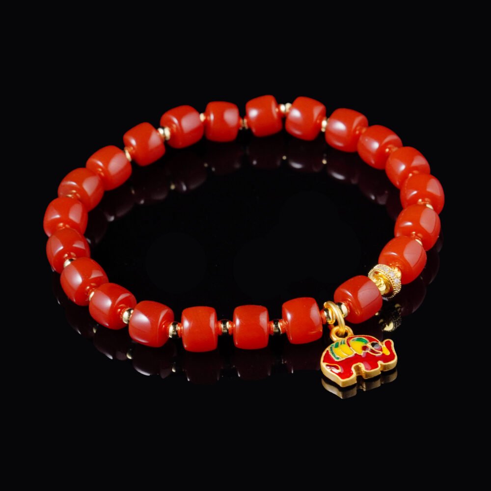 Buddha-Inspired Southern Red Agate Bracelet with Fortune Elephant Pendant