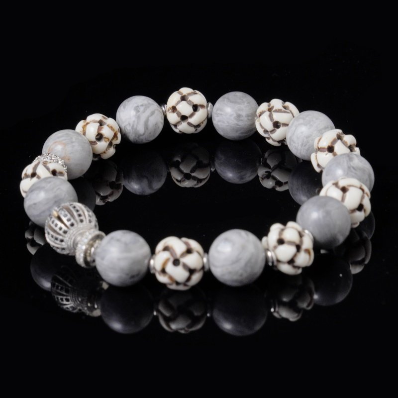Hand-Carved Ox Bone Bracelet – Snowflake Obsidian for Protection & Emotional Balance