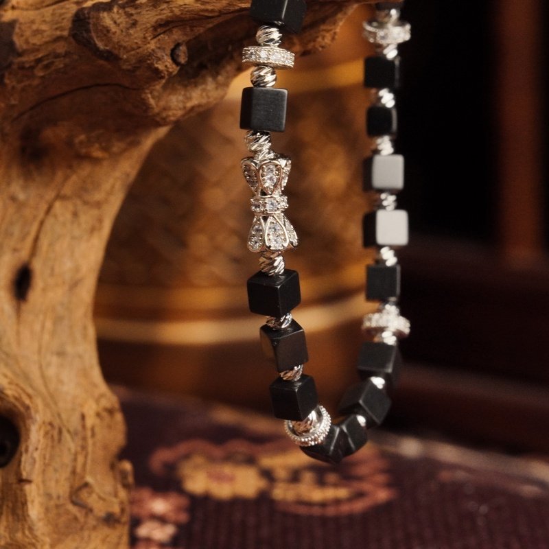 Groxiara Black Agate Cube Bracelet – Silver Bow Accent & Elegant Energy  – For Courage & Grounding