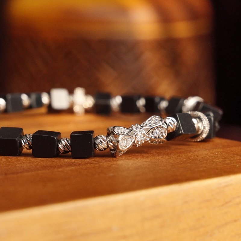 Groxiara Black Agate Cube Bracelet – Silver Bow Accent & Elegant Energy  – For Courage & Grounding