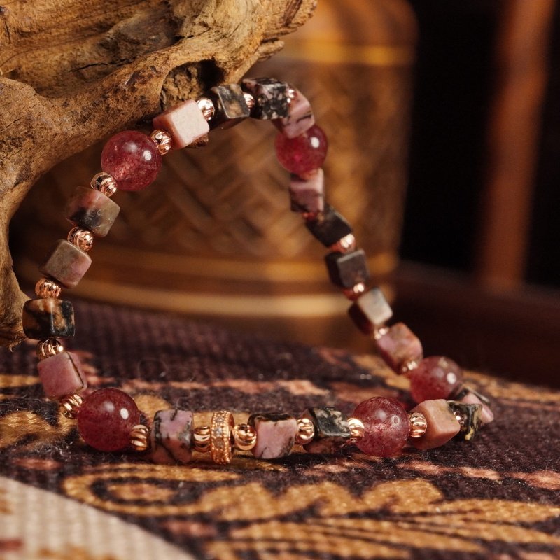 Groxiara Rhodonite & Hematite Cube Bracelet – For Emotional Healing & Feminine Strength